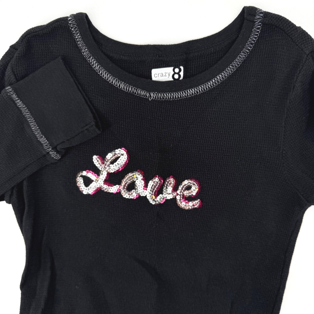 Crazy 8 Thermal Shirt Girls Size M 7/8 Black Sequin Love Long Sleeve Waffle Knit